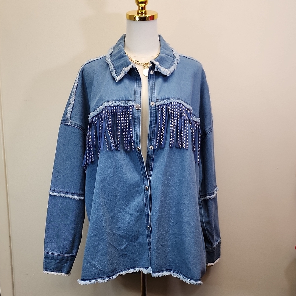 Arula Light Wash Fringe Denim Shacket Size 1X